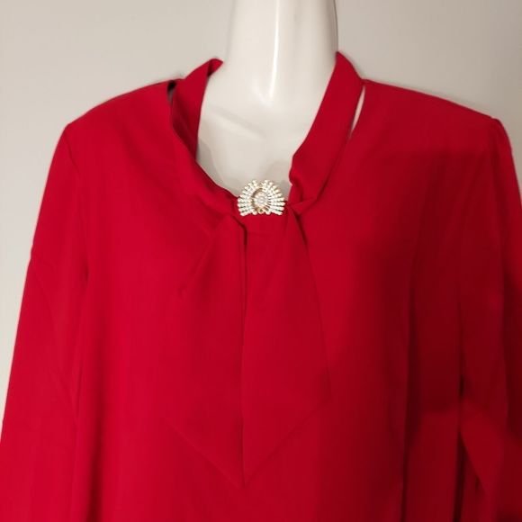 Red Tie Neck Blouse with Rhinestone Brooch NWT - Picture 4 of 13